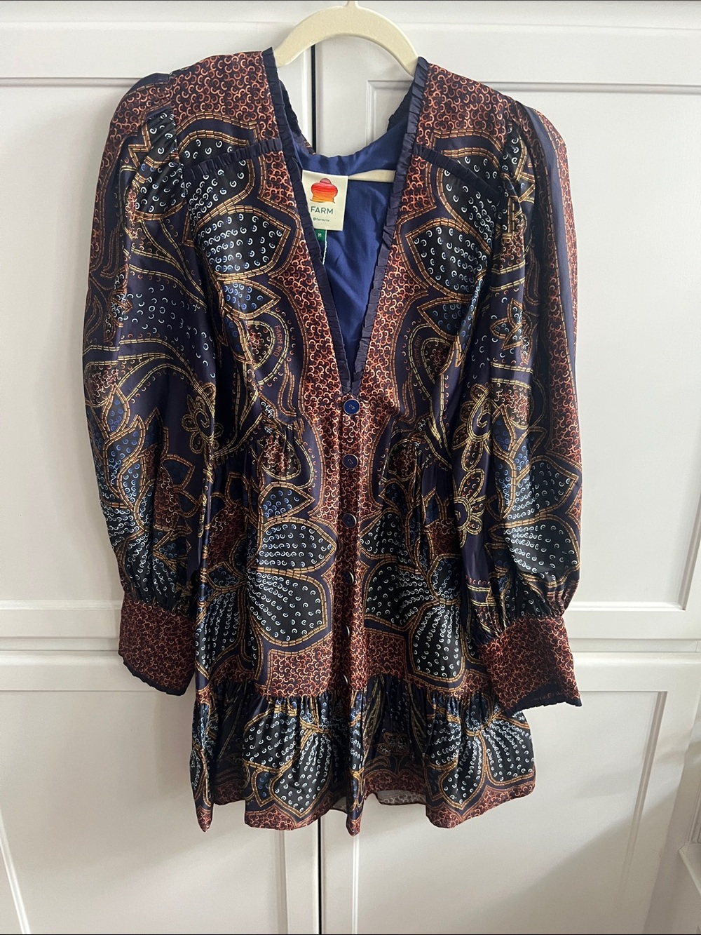 FARM Rio Navy, Rust and Cream Paisley-Print Tunic Blazer